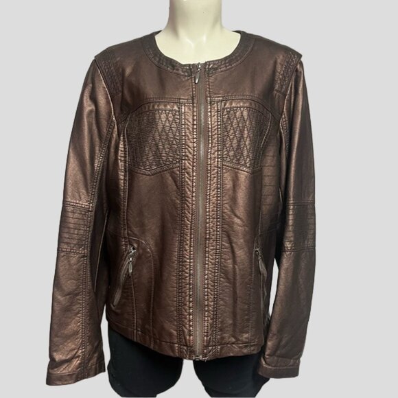 Cleo Metallic Bronze Faux Leather Moto Style Bomber Jacket - Picture 1 of 9